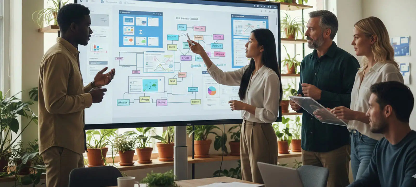 Group of people in a meeting room discussing a project on a large screen.