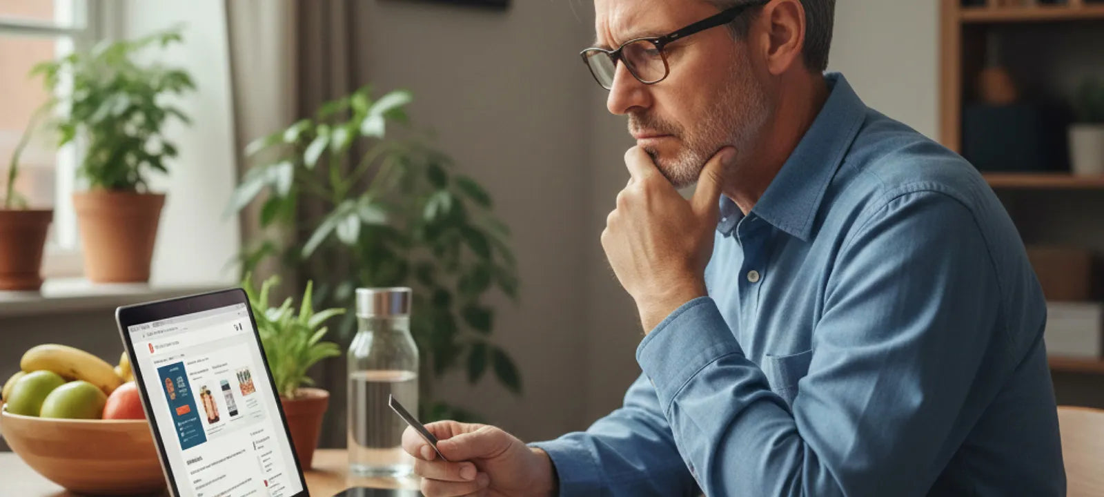Man sitting at a table with a smartphone and tablet, surrounded by plants in a home setting.