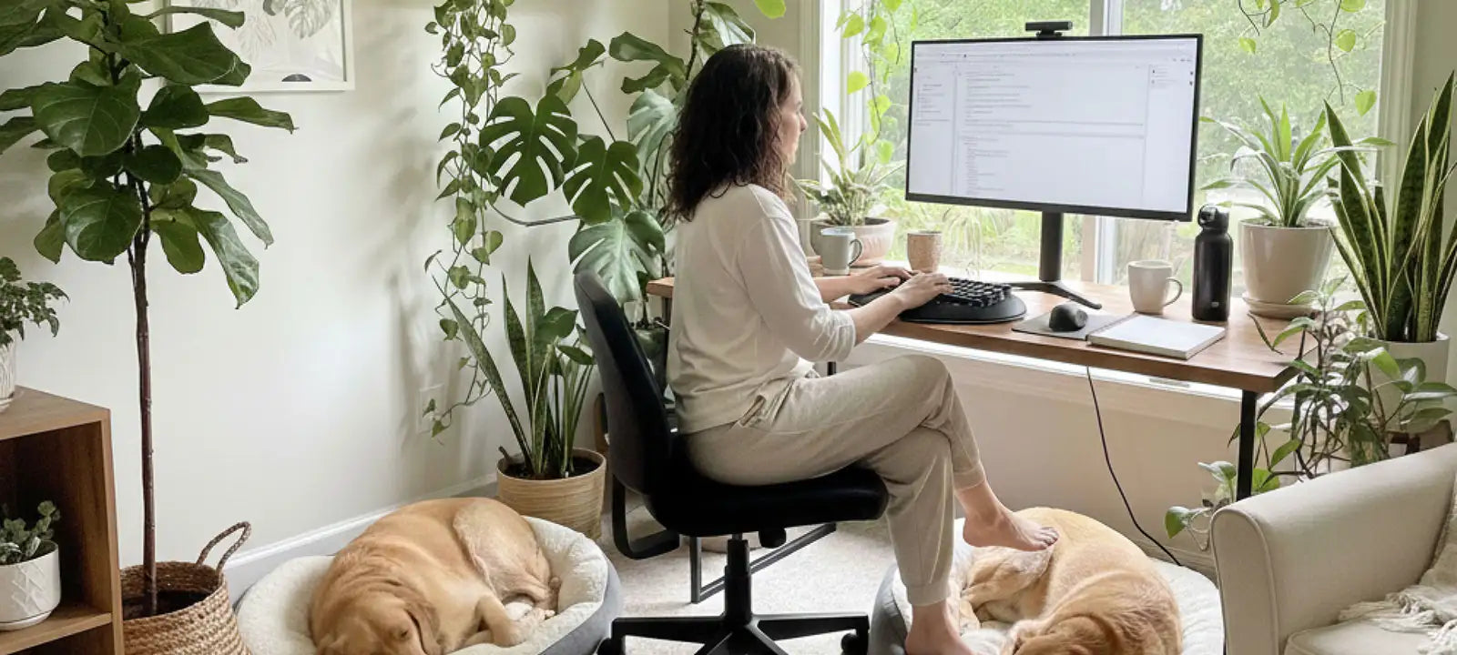 Woman working at a desk with two dogs on the floor in a home office setting.